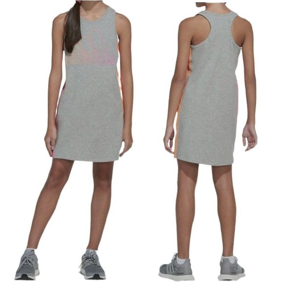 Adidas Youth Girls Tank Dress Size Large 14 Gray Sleeveless Stripes Lightweight - Picture 1 of 9